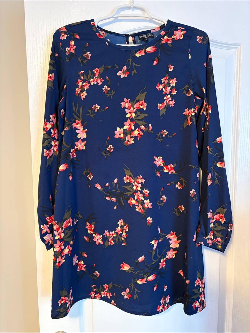 Brave Soul Navy Floral Long Sleeve Shift Dress with Pink Blossoms